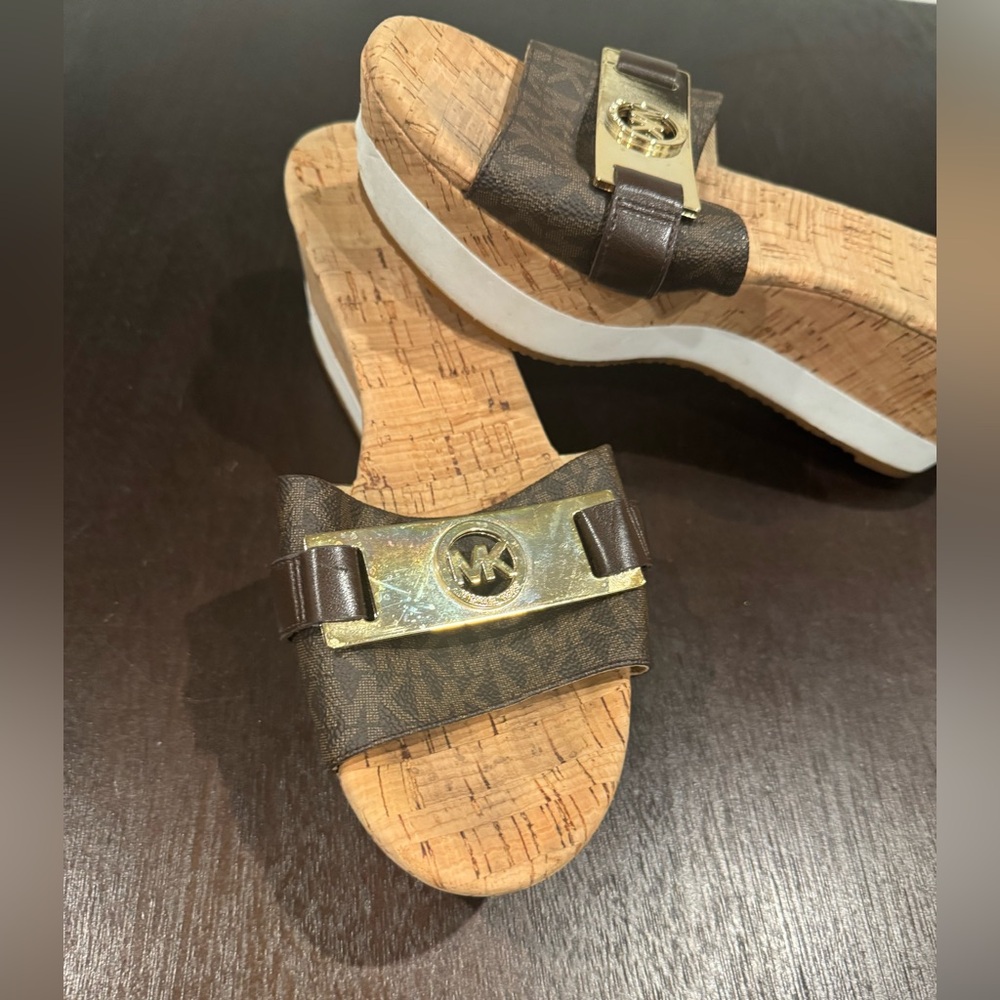 Michael Kors Brown and Gold Cork Wedge Sandals